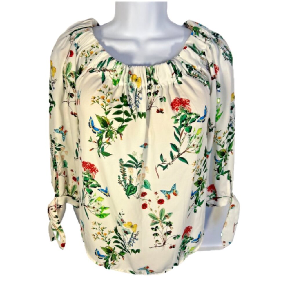 Express Blouse Women's XS Peasant Vintage Wildflower 3/4 Sleeve Tie Cuffs